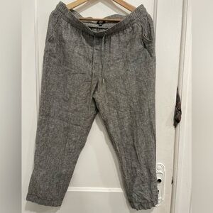 Women Linen grey Cropped Pants M Wide Leg Elastic Waist